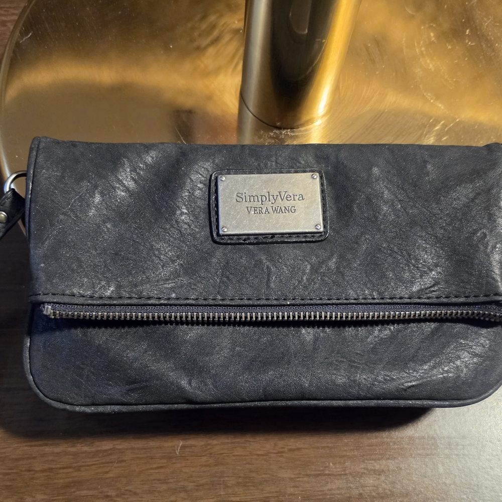 Simply Vera Vera Wang Black Leather Wristlet Clutch with Front Zip